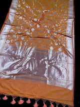 Dual Coral Peach Banarasi Handloom saree in banarasi silk handloom with muted gold zari handweaving — Kaash Collection