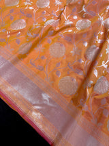 Dual Coral Peach Banarasi Handloom saree in banarasi silk handloom with muted gold zari handweaving — Kaash Collection
