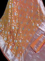 Dual Coral Peach Banarasi Handloom saree in banarasi silk handloom with muted gold zari handweaving — Kaash Collection