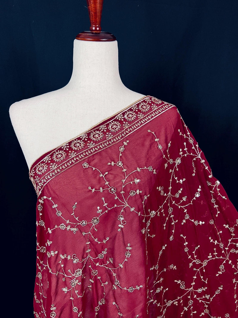 Gorgette Deep Maroon Color Dupatta with Zari and tiny Sequin | Wedding Dupatta | Dupatta for Lehanga | Floral Dupatta | Dupatta for Gift - Kaash