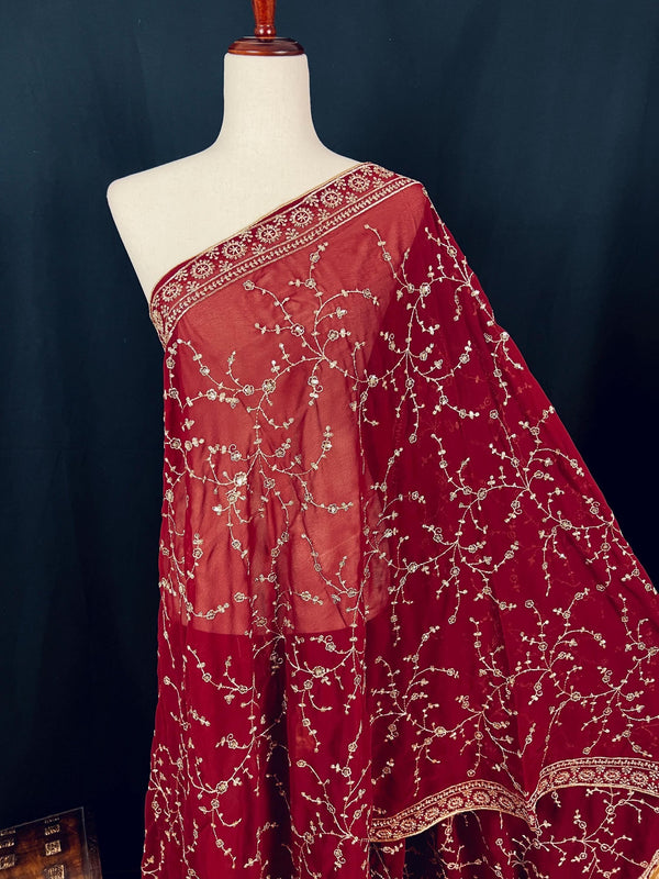 Gorgette Deep Maroon Color Dupatta with Zari and tiny Sequin | Wedding Dupatta | Dupatta for Lehanga | Floral Dupatta | Dupatta for Gift - Kaash