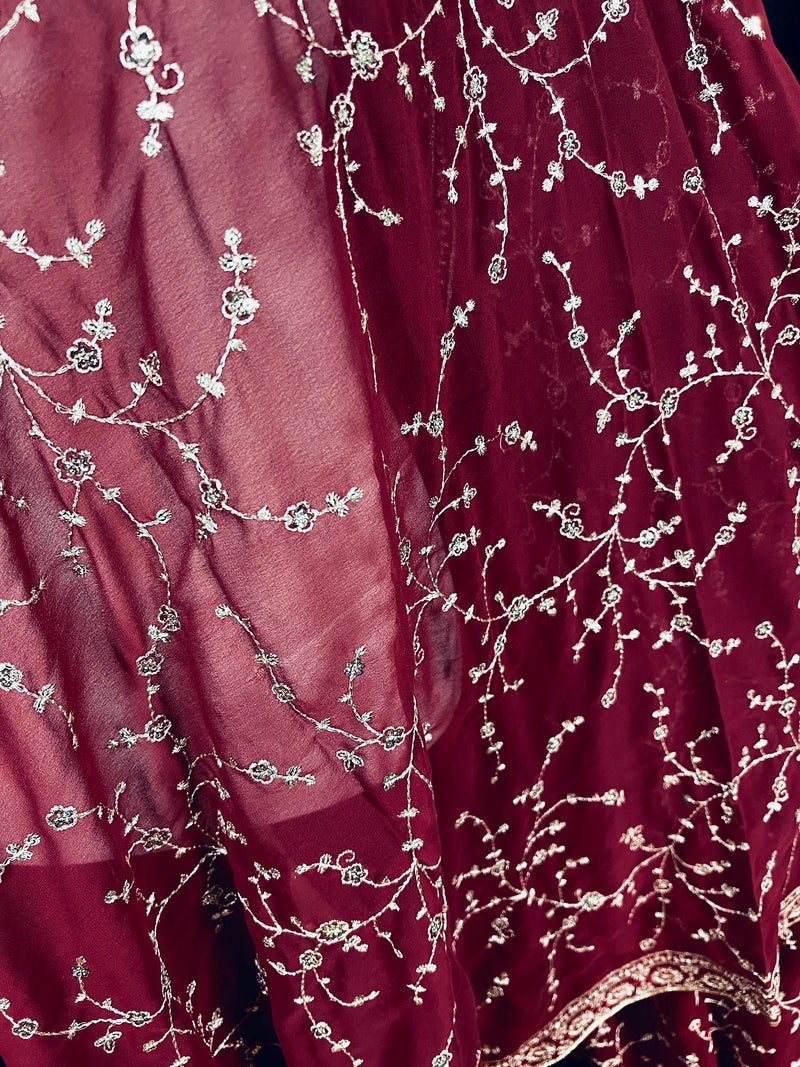 Gorgette Deep Maroon Color Dupatta with Zari and tiny Sequin | Wedding Dupatta | Dupatta for Lehanga | Floral Dupatta | Dupatta for Gift - Kaash
