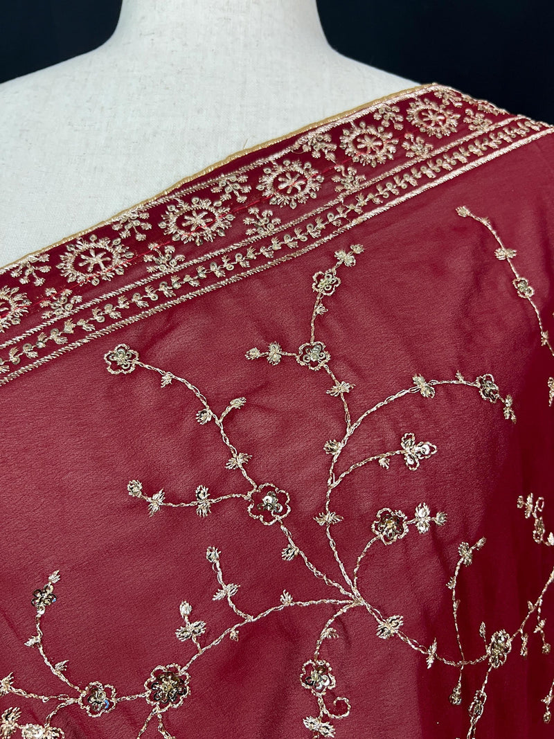 Gorgette Deep Maroon Color Dupatta with Zari and tiny Sequin | Wedding Dupatta | Dupatta for Lehanga | Floral Dupatta | Dupatta for Gift - Kaash