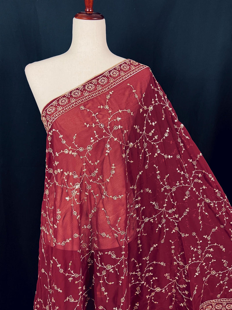 Gorgette Deep Maroon Color Dupatta with Zari and tiny Sequin | Wedding Dupatta | Dupatta for Lehanga | Floral Dupatta | Dupatta for Gift - Kaash