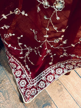 Gorgette Deep Maroon Color Dupatta with Zari and tiny Sequin | Wedding Dupatta | Dupatta for Lehanga | Floral Dupatta | Dupatta for Gift - Kaash