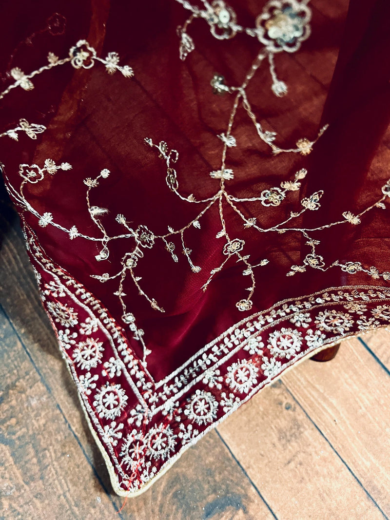Gorgette Deep Maroon Color Dupatta with Zari and tiny Sequin | Wedding Dupatta | Dupatta for Lehanga | Floral Dupatta | Dupatta for Gift - Kaash