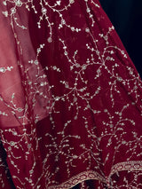 Gorgette Deep Maroon Color Dupatta with Zari and tiny Sequin | Wedding Dupatta | Dupatta for Lehanga | Floral Dupatta | Dupatta for Gift - Kaash