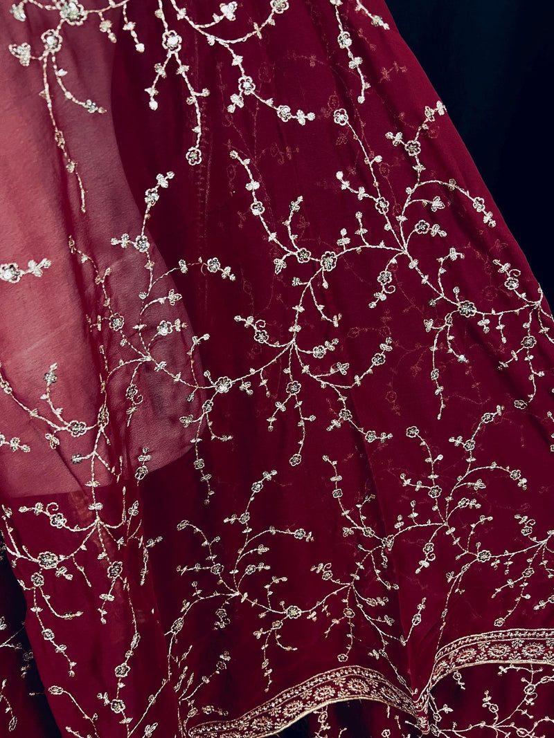 Gorgette Deep Maroon Color Dupatta with Zari and tiny Sequin | Wedding Dupatta | Dupatta for Lehanga | Floral Dupatta | Dupatta for Gift - Kaash
