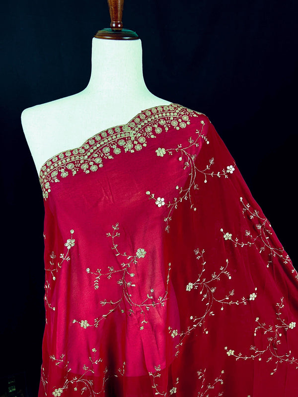 Gorgette Sindhur Color Dupatta with Zari and tiny Sequin | Wedding Dupatta | Dupatta for Lehanga | Floral Dupatta | Dupatta for Gift - Kaash