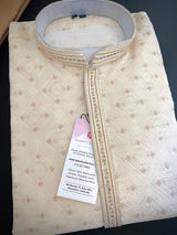 Cream men's kurta pajama in soft raw silk with antique gold zari with hand-stitched neckline — Kaash Collection