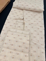 Cream men's kurta pajama in soft raw silk with antique gold zari with hand-stitched neckline — Kaash Collection