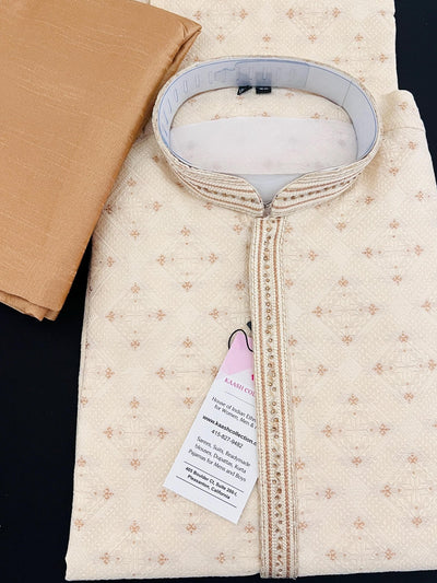Cream men's kurta pajama in soft raw silk with antique gold zari with hand-stitched neckline — Kaash Collection
