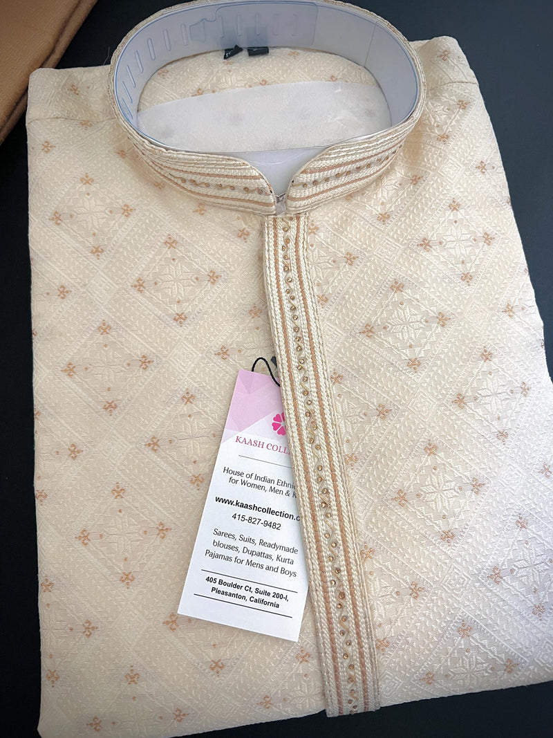 Grand Cream Color Men Kurta Pajama with Gorgeous design Pattern embedded with Zari Weave Work | Men Ethnic Wear | Wedding Wear For Men - Kaash