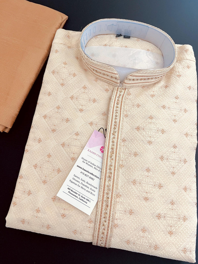 Grand Cream Color Men Kurta Pajama with Gorgeous design Pattern embedded with Zari Weave Work | Men Ethnic Wear | Wedding Wear For Men - Kaash