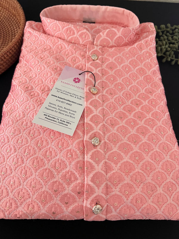 Grand Pastel Peach Color Men Kurta Pajama Set with Emberiodery and Sequin Work in Soft Butter Soft Silk | Indian Wedding Outfit for Men - Kaash