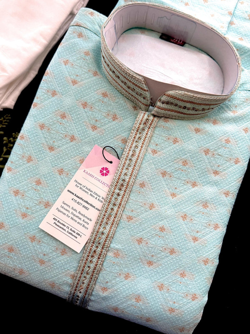 Grand Pastel Sea Blue Color Men Kurta Pajama with Gorgeous design Pattern embedded with Zari Weave Work - Kaash