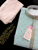 Grand Pastel Sea Blue Color Men Kurta Pajama with Gorgeous design Pattern embedded with Zari Weave Work - Kaash
