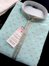 Grand Pastel Sea Blue Color Men Kurta Pajama with Gorgeous design Pattern embedded with Zari Weave Work - Kaash