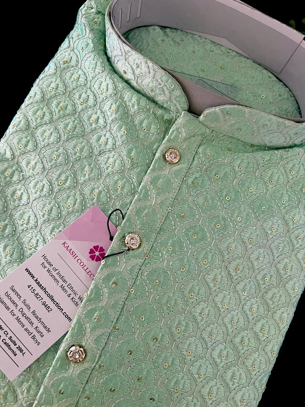 Grand Pastel Sea Green Color Men Kurta Pajama Set with Emberiodery and Sequin Work in Soft Butter Soft Silk | Indian Wedding Outfit for Men - Kaash