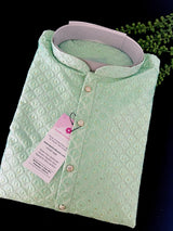 Pastel Sea Green men's kurta pajama in soft butter silk with embroidery with tiny sequin work — Kaash Collection
