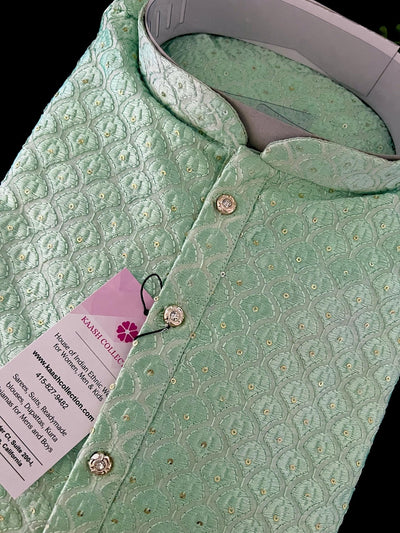 Pastel Sea Green men's kurta pajama in soft butter silk with embroidery with tiny sequin work — Kaash Collection
