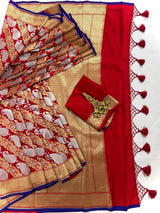 Grand Red Banarasi Silk Traditional Saree with Gold and Sliver Zari Weave - Kaash