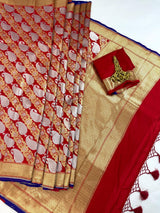 Grand Red Banarasi Silk Traditional Saree with Gold and Sliver Zari Weave - Kaash