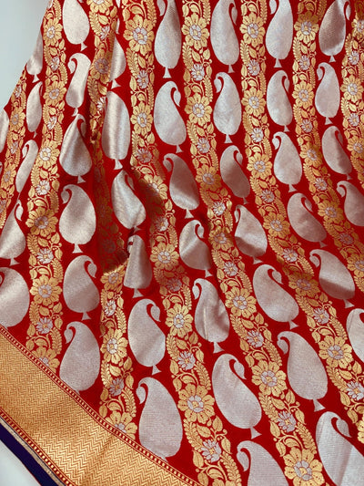 Grand Red Banarasi Silk Traditional Saree with Gold and Sliver Zari Weave - Kaash