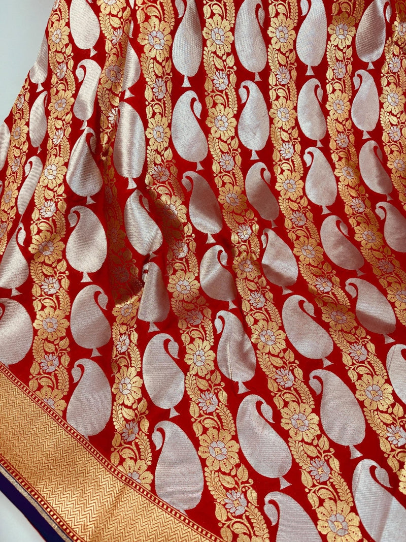 Grand Red Banarasi Silk Traditional Saree with Gold and Sliver Zari Weave - Kaash
