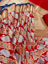 Grand Red Banarasi Silk Traditional Saree with Gold and Sliver Zari Weave - Kaash