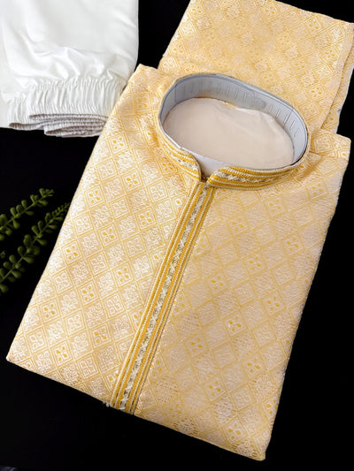 Grand Yellow Color Men's Soft Silk Kurta Pajama Set | Yellow Haldi Function Wear - Kaash