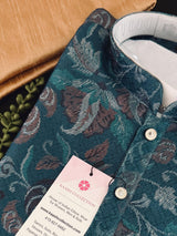 Teal men's kurta pajama in banarasi butter silk with banarasi floral weave with cotton lining — Kaash Collection