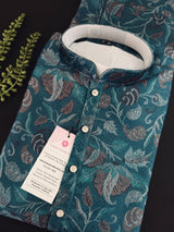 Teal men's kurta pajama in banarasi butter silk with banarasi floral weave with cotton lining — Kaash Collection
