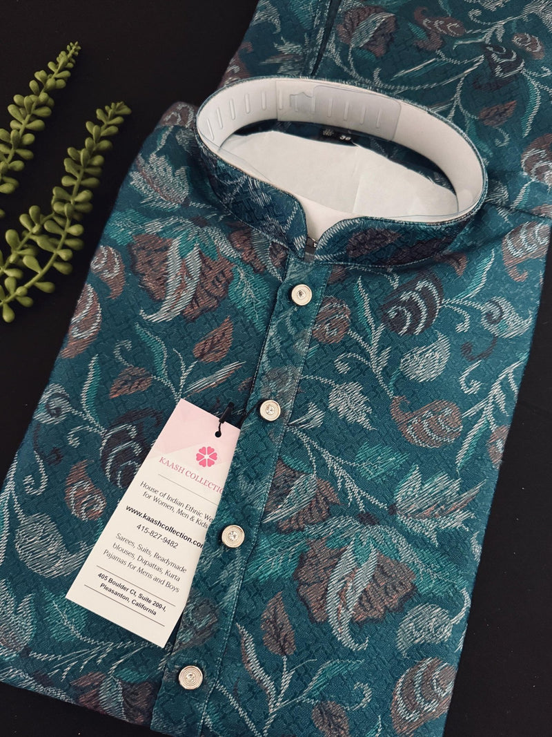 Teal men's kurta pajama in banarasi butter silk with banarasi floral weave with cotton lining — Kaash Collection