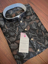 Charcoal Grey men's kurta pajama in banarasi butter silk with banarasi floral weave with cotton lining — Kaash Collection