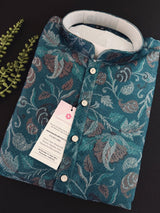 Teal men's kurta pajama in banarasi butter silk with banarasi floral weave with cotton lining — Kaash Collection