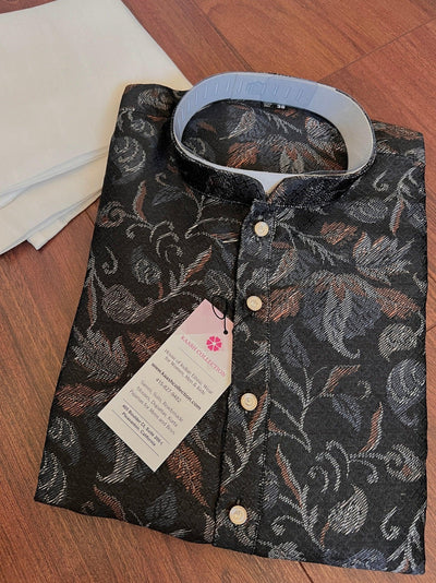 Charcoal Grey men's kurta pajama in banarasi butter silk with banarasi floral weave with cotton lining — Kaash Collection