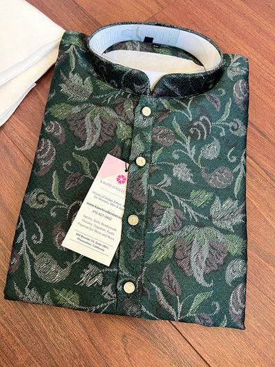Hunter Green men's kurta pajama in banarasi butter silk with banarasi floral weave with cotton lining — Kaash Collection