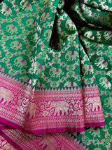 Green & Pink Banarasi saree in banarasi silk with shikargah with elephant & horse motifs — Kaash Collection