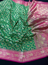 Green and Pink Color Combination Banarasi Silk Shikargah Saree in Zari Weave Work | Shikargah Sarees - Kaash