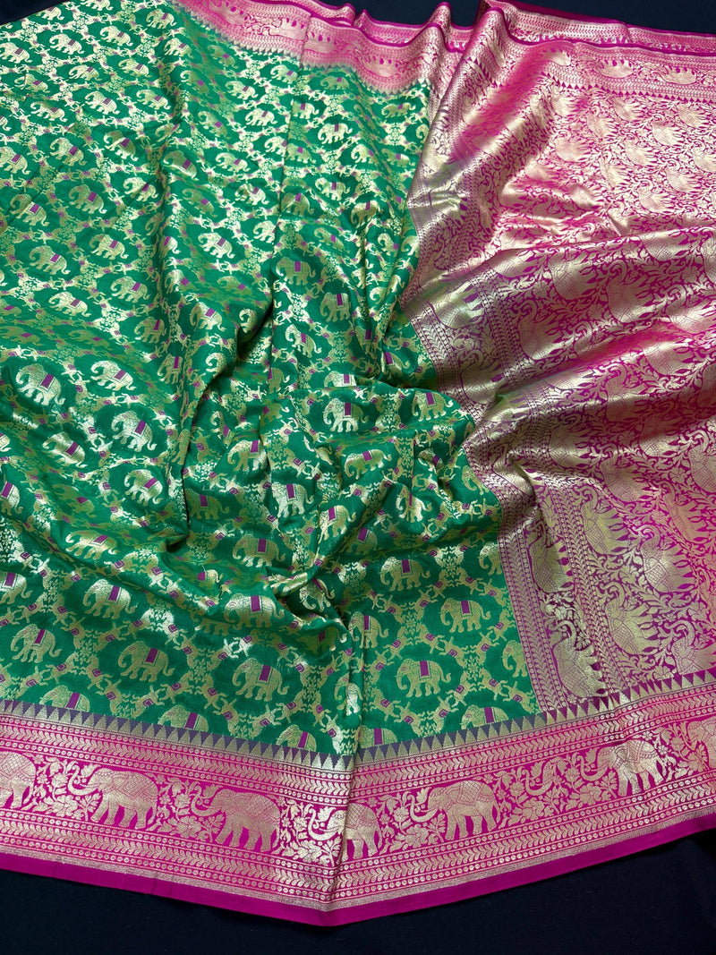 Green and Pink Color Combination Banarasi Silk Shikargah Saree in Zari Weave Work | Shikargah Sarees - Kaash