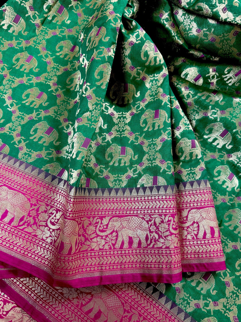 Green and Pink Color Combination Banarasi Silk Shikargah Saree in Zari Weave Work | Shikargah Sarees - Kaash