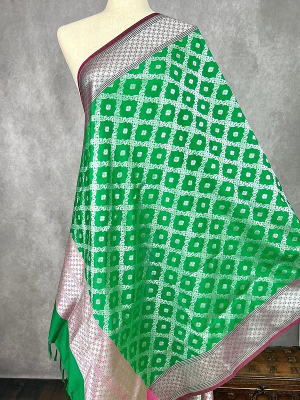 Green and Pink Handmade Soft Silk Zari Weaved Dupatta with Sliver Zari Weave | Indian Dupatta | Stole | Scarf | Gift For Her | Chunari - Kaash