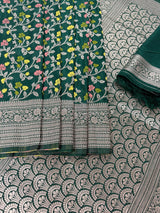 Green Dupion Banarasi saree in banarasi semi dupion silk with floral meenakari work — Kaash Collection