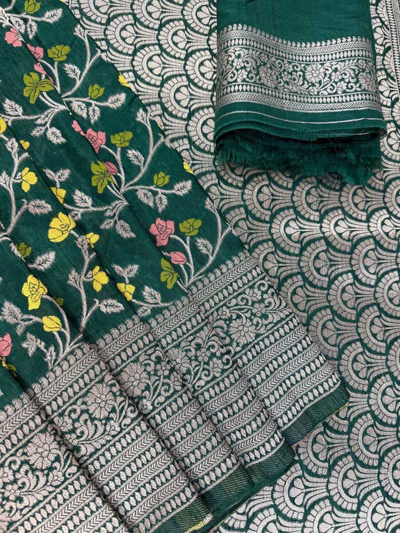 Green Dupion Banarasi saree in banarasi semi dupion silk with floral meenakari work — Kaash Collection