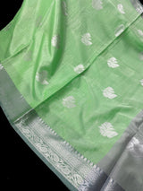 Green Color Banarasi Silk Cotton Saree with Sliver Zari Borders and Floral Buttas - Kaash