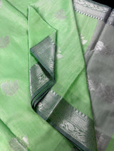 Green Color Banarasi Silk Cotton Saree with Sliver Zari Borders and Floral Buttas - Kaash