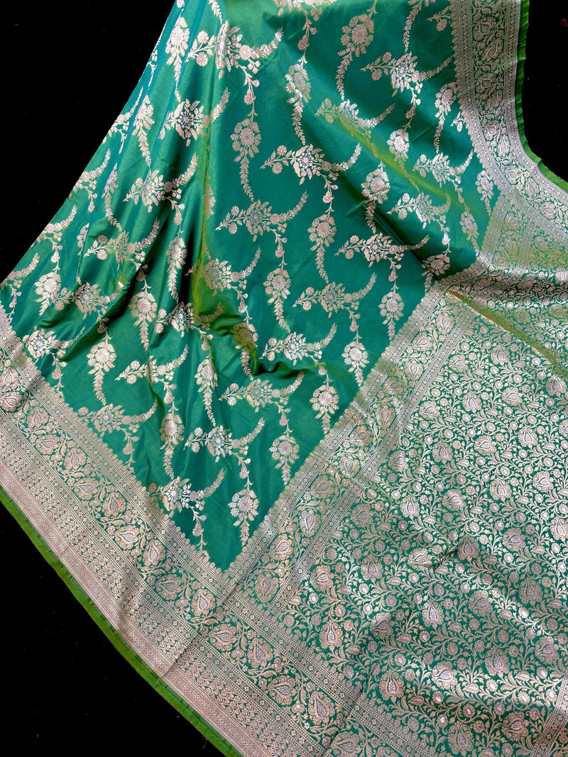Green Color Banarasi Silk Saree with Floral Jaal in Muted Gold Zari - Kaash