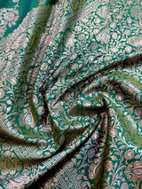 Green Color Banarasi Silk Saree with Floral Jaal in Muted Gold Zari - Kaash