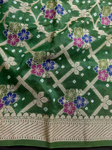 Green Banarasi Dupion Bandhej saree in banarasi semi dupion silk with bandhej tie-dye with meenakari floral & muted gold zari — Kaash Collection